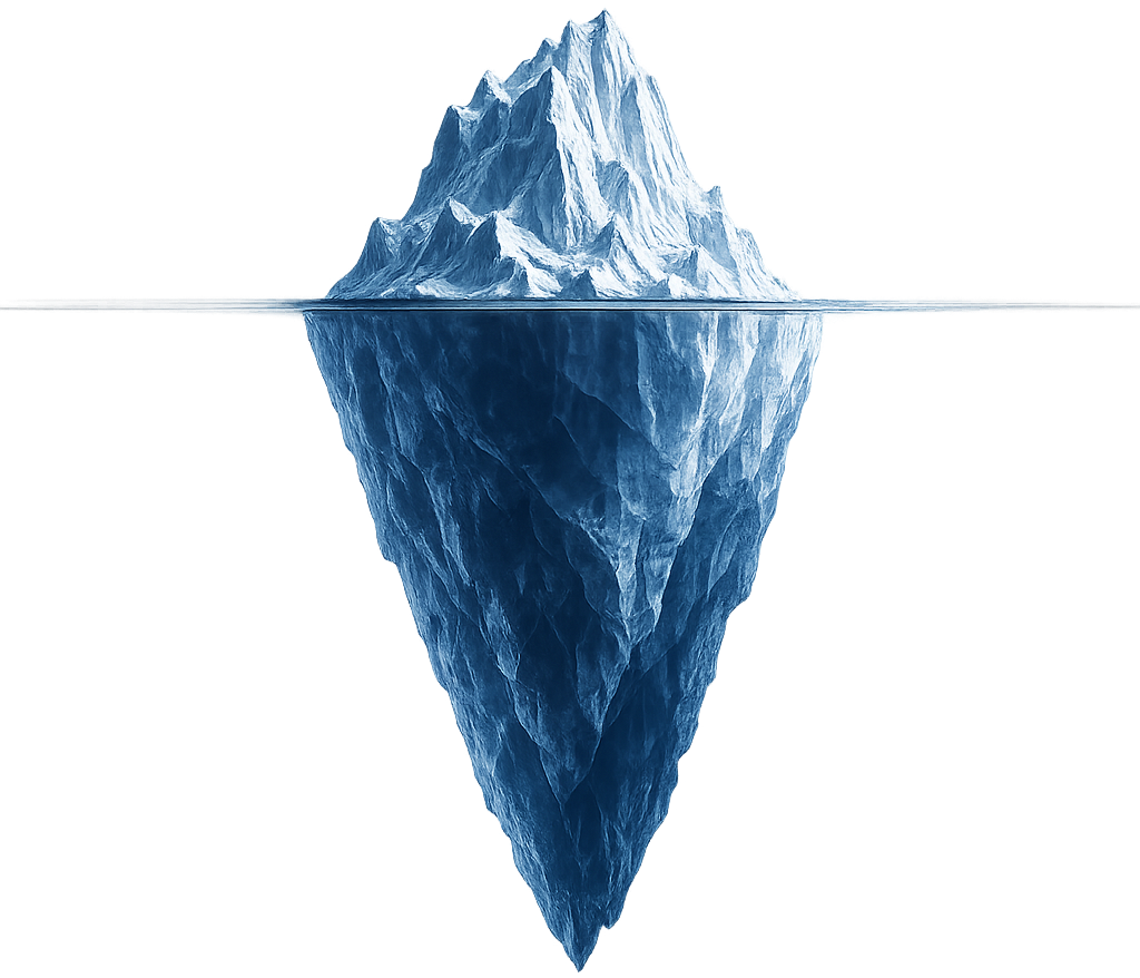 Iceberg — the visible tip above water with a far larger mass beneath the surface